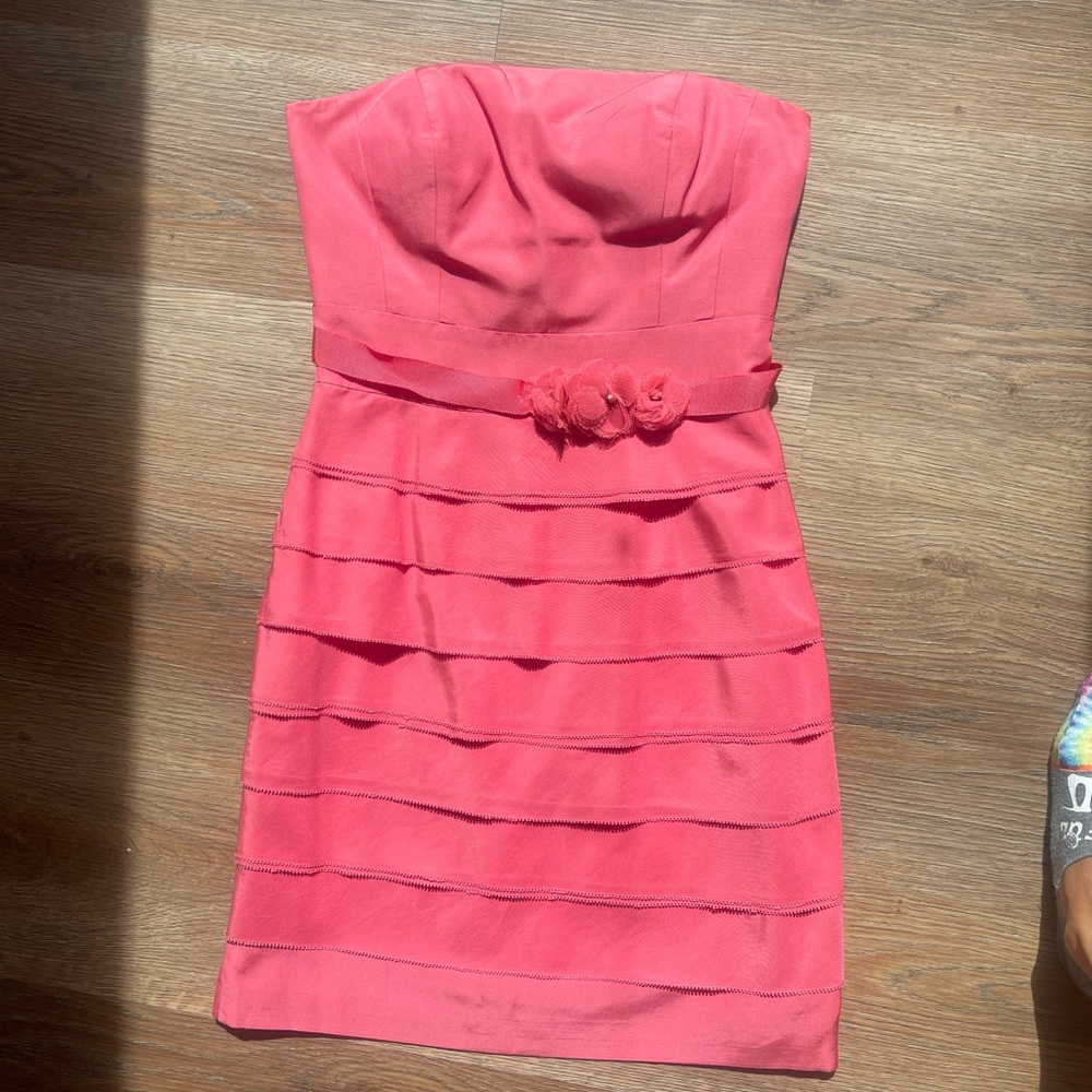 Glint Strapless Coral Dress with Floral Detail
